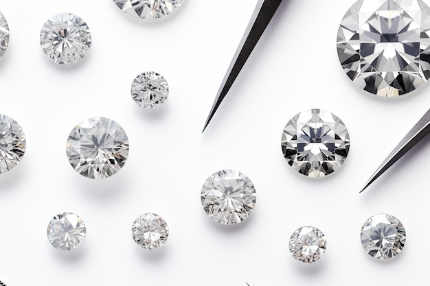 Diamante de talla redonda en pinzas con diamantes de diferente talla en la vista superior de fondo claro