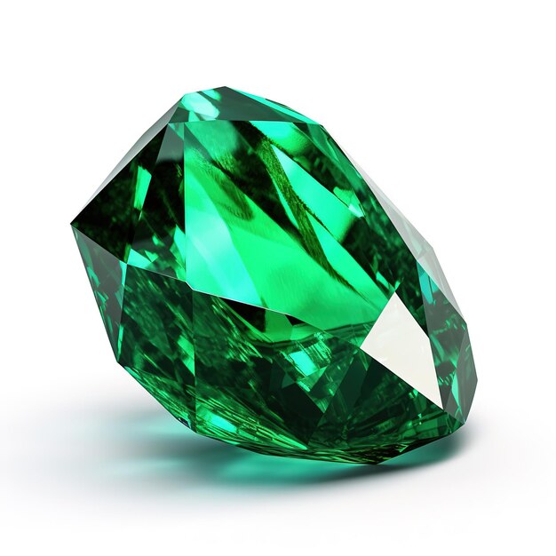 Un diamante verde está sentado sobre un fondo blanco.