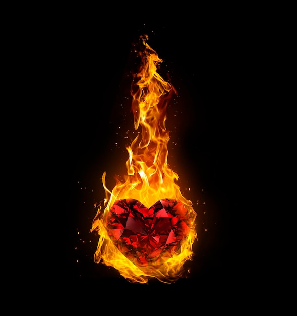 Diamante vermelho em forma de coração em chamas em fundo preto
