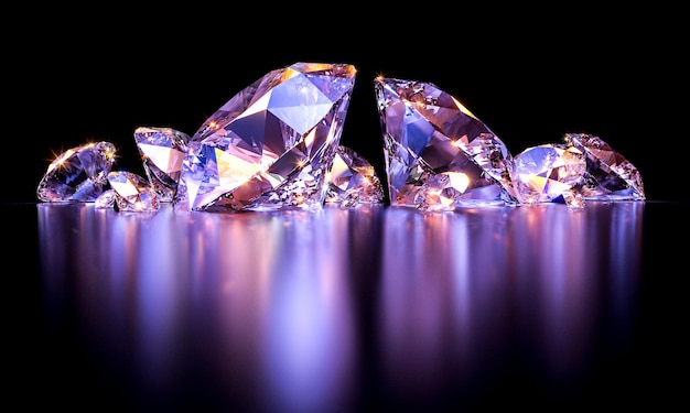 Diamantes cintilantes em fundo roxo escuro. renderização 3D
