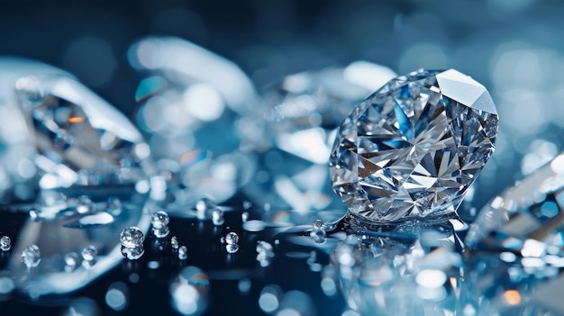 Diamantes de corte brilhante brilham intensamente espalhados em uma superfície refletora com um foco suave no fundo