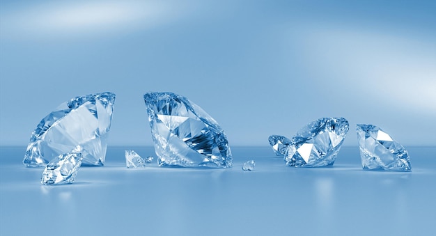 diamantes de corte clássico em um fundo azul ilustração de renderização 3D