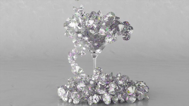 Los diamantes llenan la copa de martini hasta el borde y se esparcen alrededor de Icecube cayendo Ilustración 3d de copa de cóctel