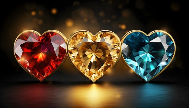 Foto diamantes multicolores en forma de corazón sobre un fondo negro