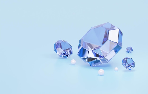Diamantes preciosos de cristal azul sobre un fondo azul Ilustración de renderizado 3d