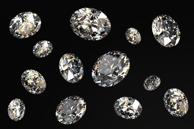 Diamantes redondos aislados sobre fondo negro 3d renderizado