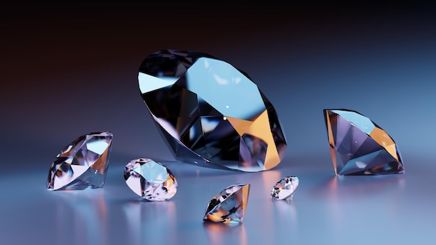 Diamantes sobre un fondo azul oscuro, piedras preciosas, facetas brillantes de un render 3d de diamante