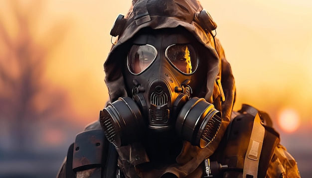 Diante da catástrofe Homem com máscara de gás e traje de proteção química IA generativa