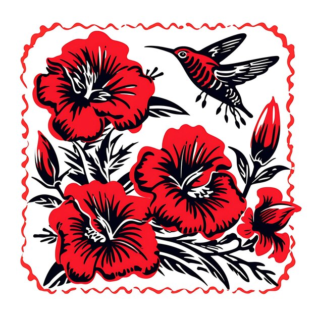 Dianthus-Stempel mit monochromer Weinrebe in Burgunderrot und Hummi-Naturskizze, Strichzeichnungen, Rahmensammlung