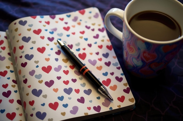 Un diario abierto, un bolígrafo y una taza de café con un patrón de corazón.