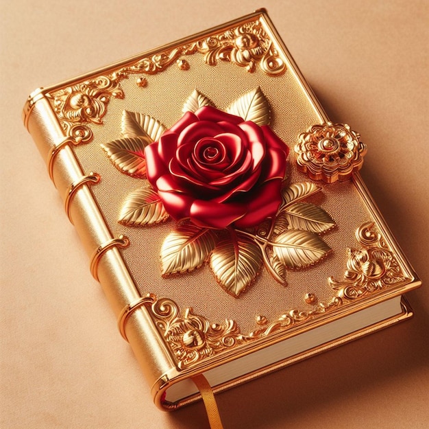 Diario de color dorado con rosa de color rojo y dorado Diario y rosa