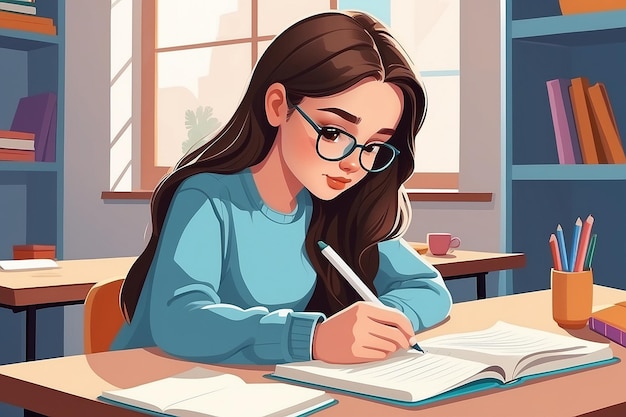 Diário de menina Mulher escreve diário Estudante estudando com livro Adolescente desenha em um caderno de papel fofo