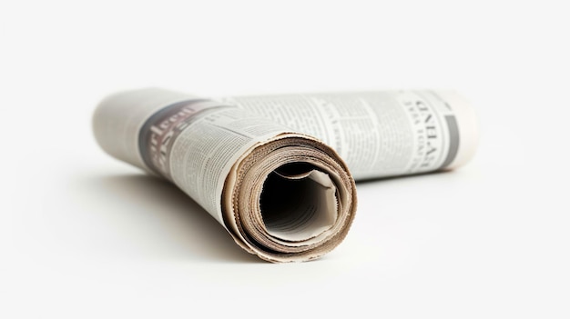 Diario de negocios enrollado con el título Noticias aisladas en fondo blanco Concepto de maqueta de periódico diario
