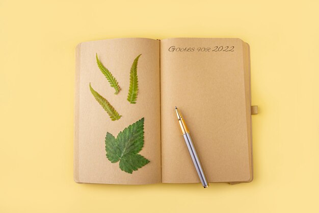 Diario vintage abierto en blanco, cuaderno con herbario de diversas plantas secas prensadas y pluma. Escribir deseos, metas para 2022, planes, actividad. Conjunto botánico de flores silvestres, hierbas. copiar espacio para texto