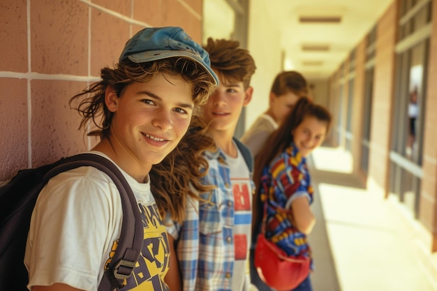 Foto días escolares nostálgicos una visión vibrante de la década de 1990 con escolares y adolescentes capturando la esencia de la cultura juvenil educación amistades y moda icónica