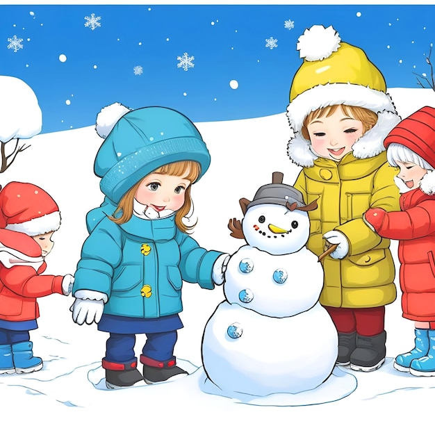 Días de invierno Ilustración de dibujos animados niños haciendo Lindo muñeco de nieve con fondo de nieve AI Generar