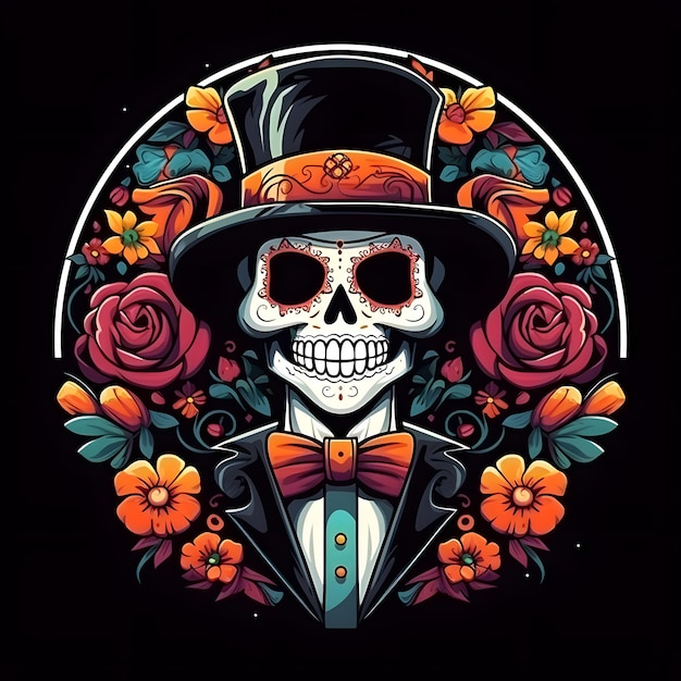 Dias los muertos in einem runden Kreis für T-Shirt-Logo im Cartoon-Stil