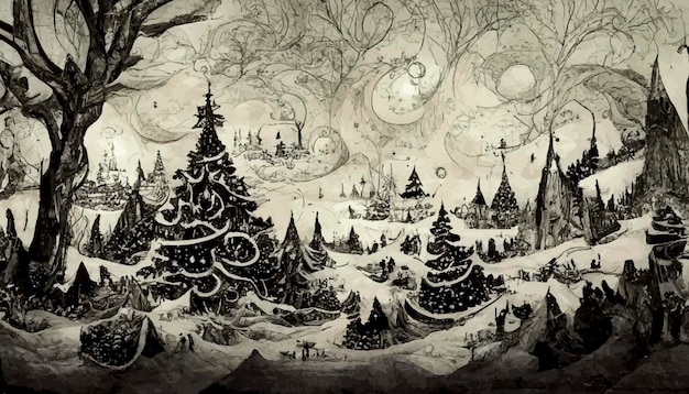 Dibuja en blanco y negro un paisaje navideño con nieve y árboles ilustración navideña