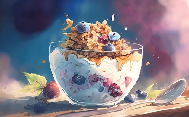 Dibujado granola muesli o avena acuarela desayuno granola ilustraciones ai generadas