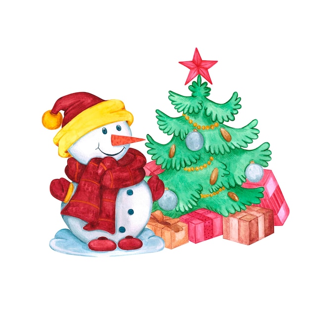Dibujado a mano acuarela árbol de Navidad y muñeco de nieve composición Christmass y año nuevo símbolo elemento decorativo Scrapbook cartel etiqueta banner tarjeta postal