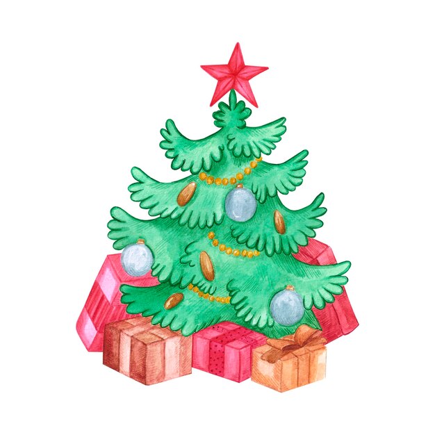 Dibujado a mano acuarela árbol de navidad Navidad y año nuevo símbolo elemento decorativo Scrapbook cartel etiqueta banner tarjeta postal