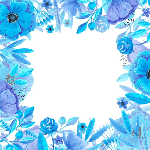 Dibujado a mano acuarela flores azules y marco de borde de hojas aislado en blanco se puede utilizar para tarjetas banners etiquetas de invitaciones