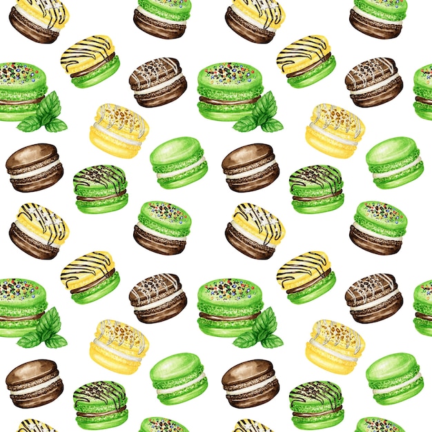 Dibujado a mano acuarela francés macaron tortas de patrones sin fisuras. Chocolate, vainilla, plátano, menta Postre de pastelería sobre fondo blanco galletas de macarrones coloridos textura de tela dulce, papel de libro de recuerdos.