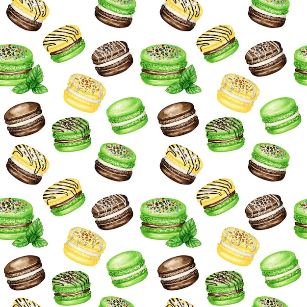 Dibujado a mano acuarela francés macaron tortas de patrones sin fisuras. Chocolate, vainilla, plátano, menta Postre de pastelería sobre fondo blanco galletas de macarrones coloridos textura de tela dulce, papel de libro de recuerdos.