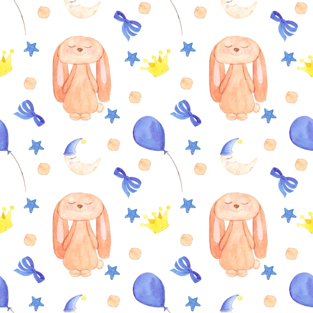 Dibujado a mano acuarela luna conejito y estrellas de patrones sin fisuras textil infantil