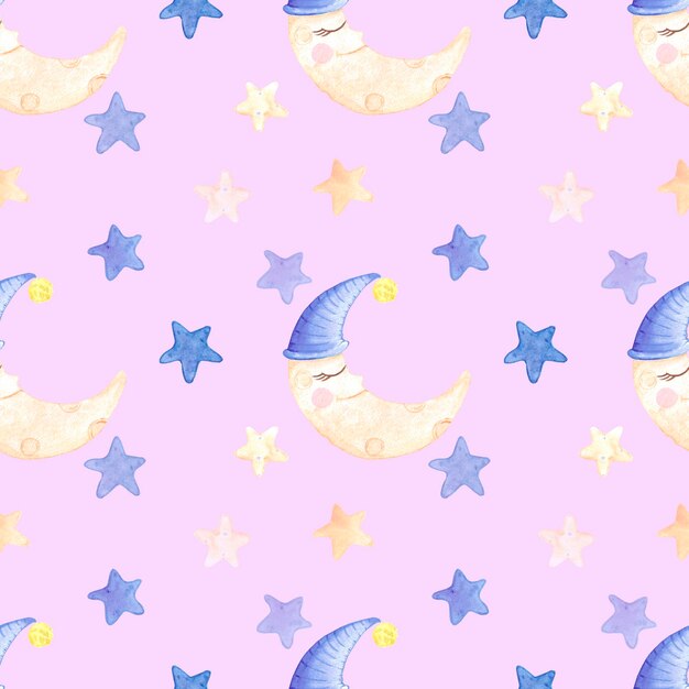 Dibujado a mano acuarela luna y estrellas de patrones sin fisuras textil infantil Tipografía de diseño de Scrapbook