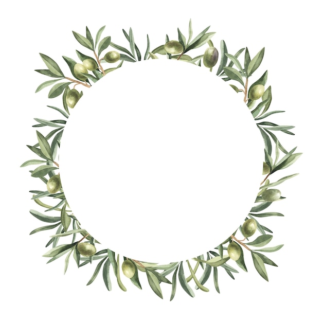Foto dibujado a mano aquarelle corona de laurel y rama de olivo hojas y ramas marcos redondos