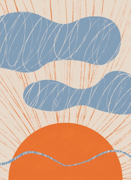 Dibujado a mano azul y naranja abstracto mediados de siglo pintura moderna sol arte imprimible