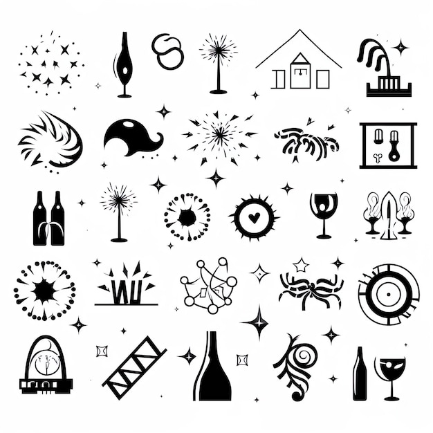 Foto dibujado a mano en blanco y negro feliz año nuevo colección de doodle elementos de fiesta de año nuevo generativo ai
