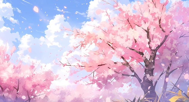 dibujado a mano dibujo animado hermoso florecimiento de la flor del cerezo ilustración del paisaje