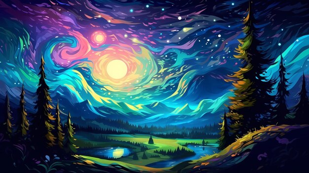 Dibujado a mano dibujos animados hermosa ilustración del paisaje del cielo estrellado