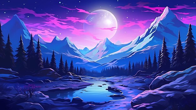 Dibujado a mano dibujos animados hermosa noche nieve montaña paisaje ilustración