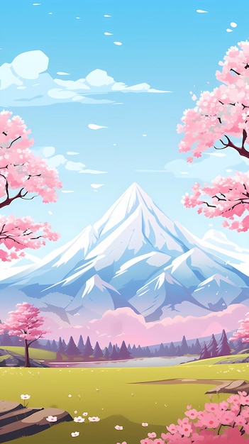 Dibujado a mano dibujos animados hermoso paisaje de primavera ilustración de flores de cerezo en plena floración