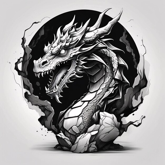 Dibujado a mano Fierce Dragon Esbozo Lápiz Carbón Grafito Estilo Dibujo Ilustración