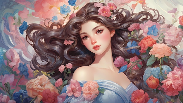 dibujado a mano hermosa ilustración de una chica aristocrática en flores