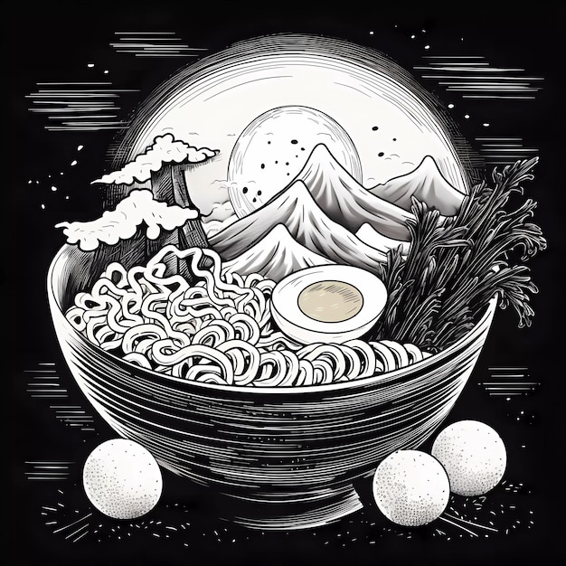 Foto dibujado a mano ilustración de ramen japonés de dibujos animados