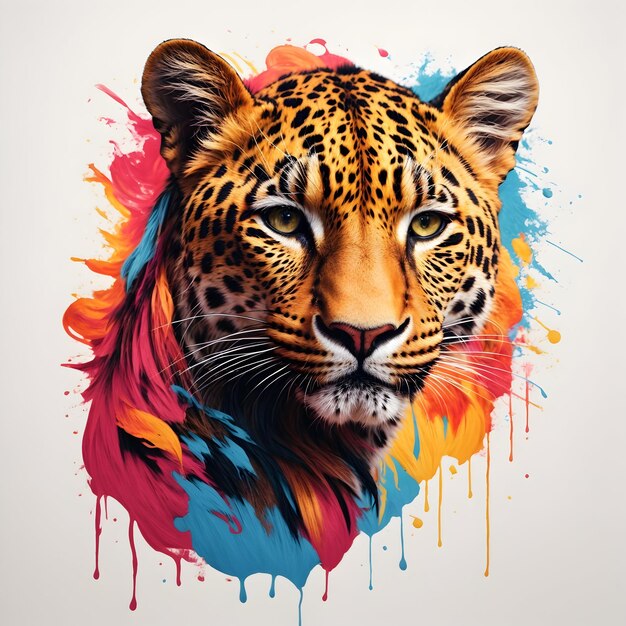 Dibujado a mano un logo de mascota de cabeza de leopardo con un estilo colorido para el diseño de camisetas