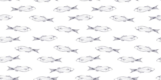 dibujado a mano náutica de patrones sin fisuras peces nadando en el agua patrón aislado sobre fondo blanco