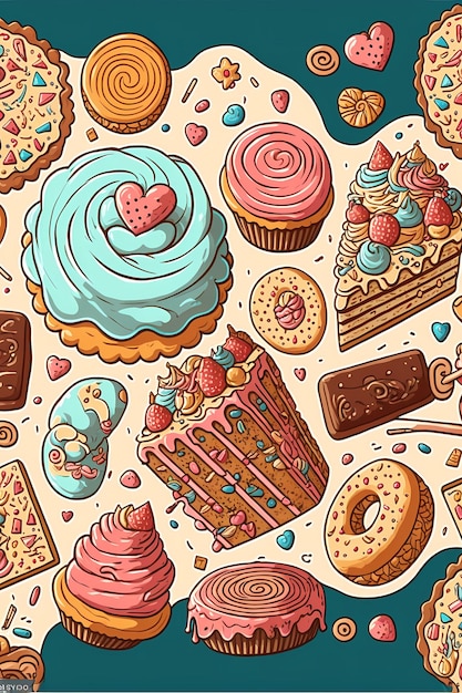 Dibujado a mano panadería comida y pastel patrón dibujado a mano ilustración
