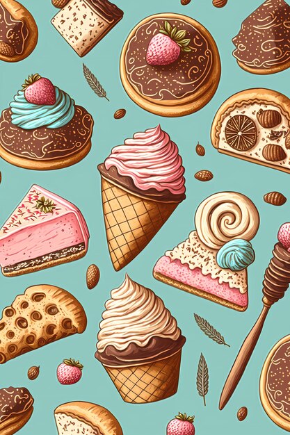 Foto dibujado a mano panadería comida y pastel patrón dibujado a mano ilustración