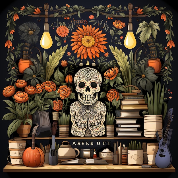 Dibujado a mano plana dia de muertos ilustración de altar de hogar familiar