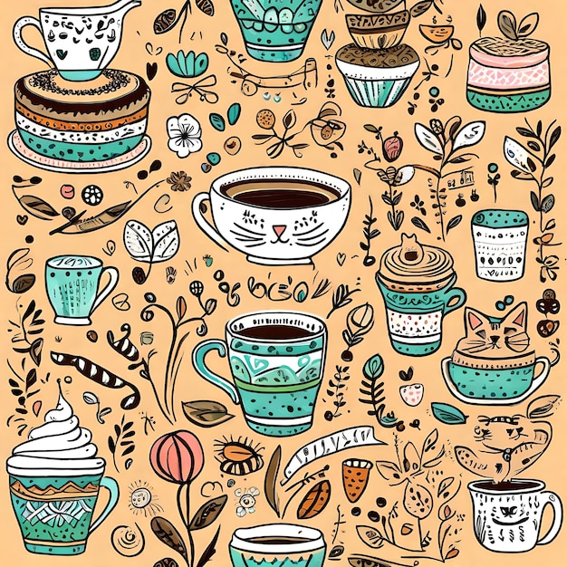 Foto dibujado a manogarabatopastelgranos de cafégatoconcepto de taza de café