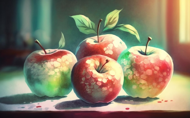 Dibujado manzanas acuarela fruta alimentos orgánicos ilustraciones ai generado