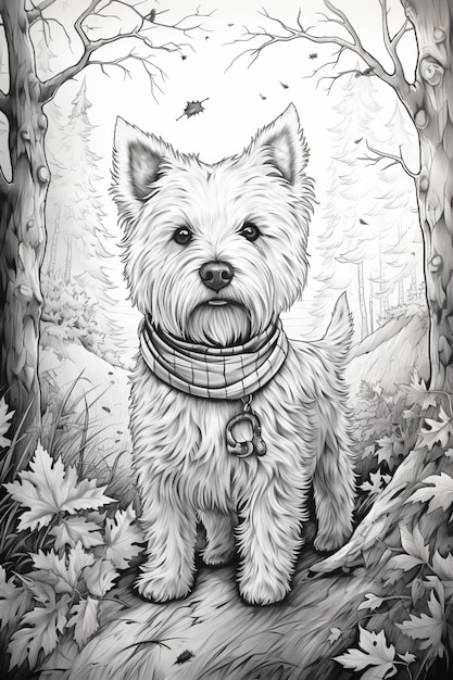 dibujado de un perro sentado en un tronco en el bosque generativo ai