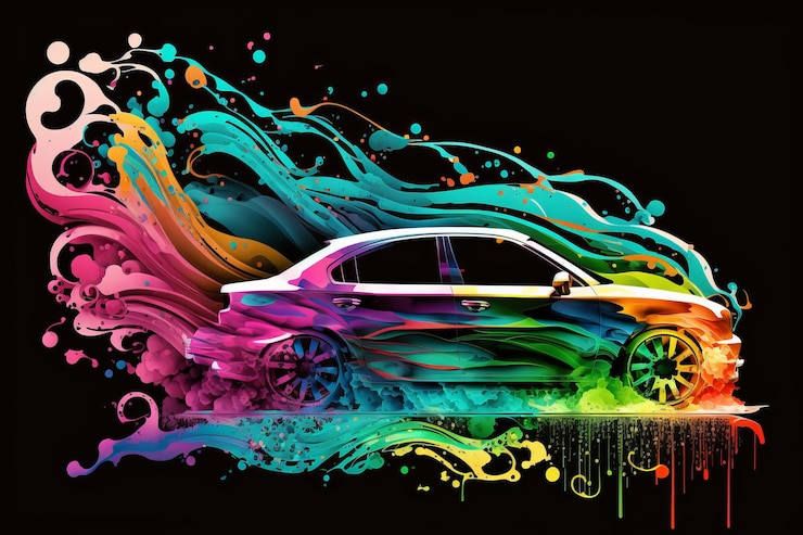 Foto dibujando el movimiento de la silueta de un automóvil con pintura derramada en colores brillantes ia generativa