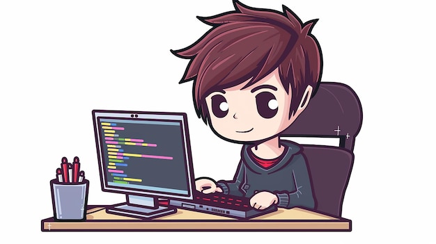 Un dibujante programador de computadoras sobre un fondo blanco